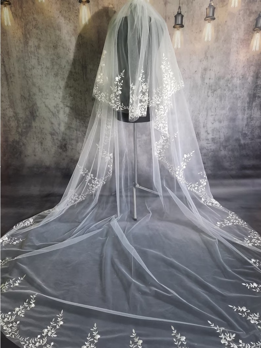 Floral Embroidered Cathedral Wedding Veil: Bohemian Flower Lace